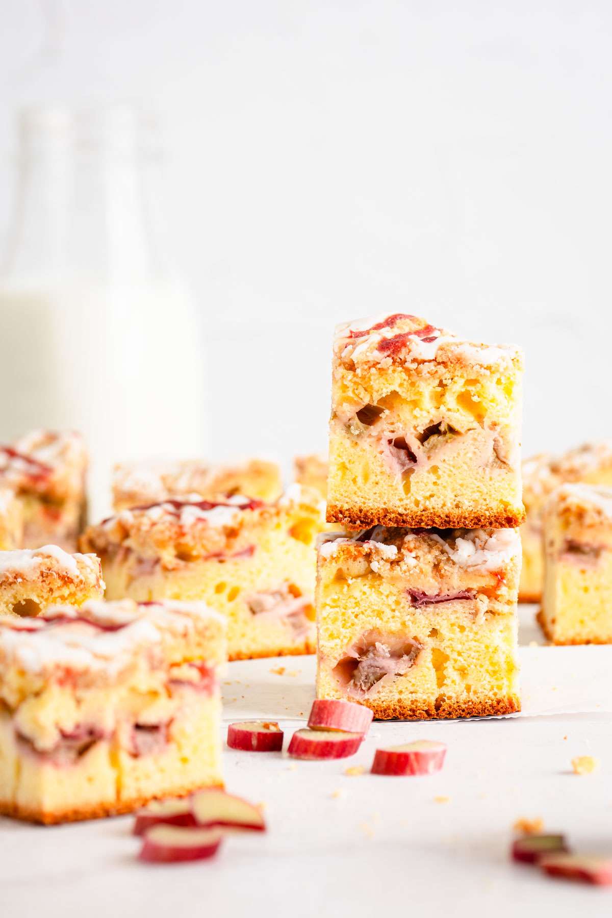 front view of rhubarb cake, slices stacked up