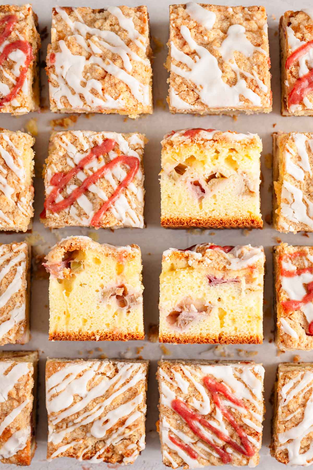 squares of rhubarb cake, close up