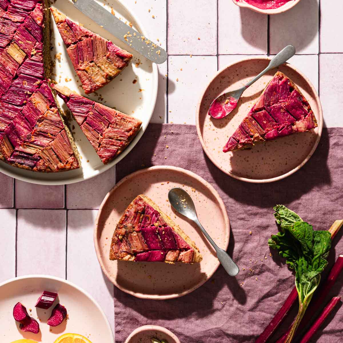 various plates with rhubarb cake