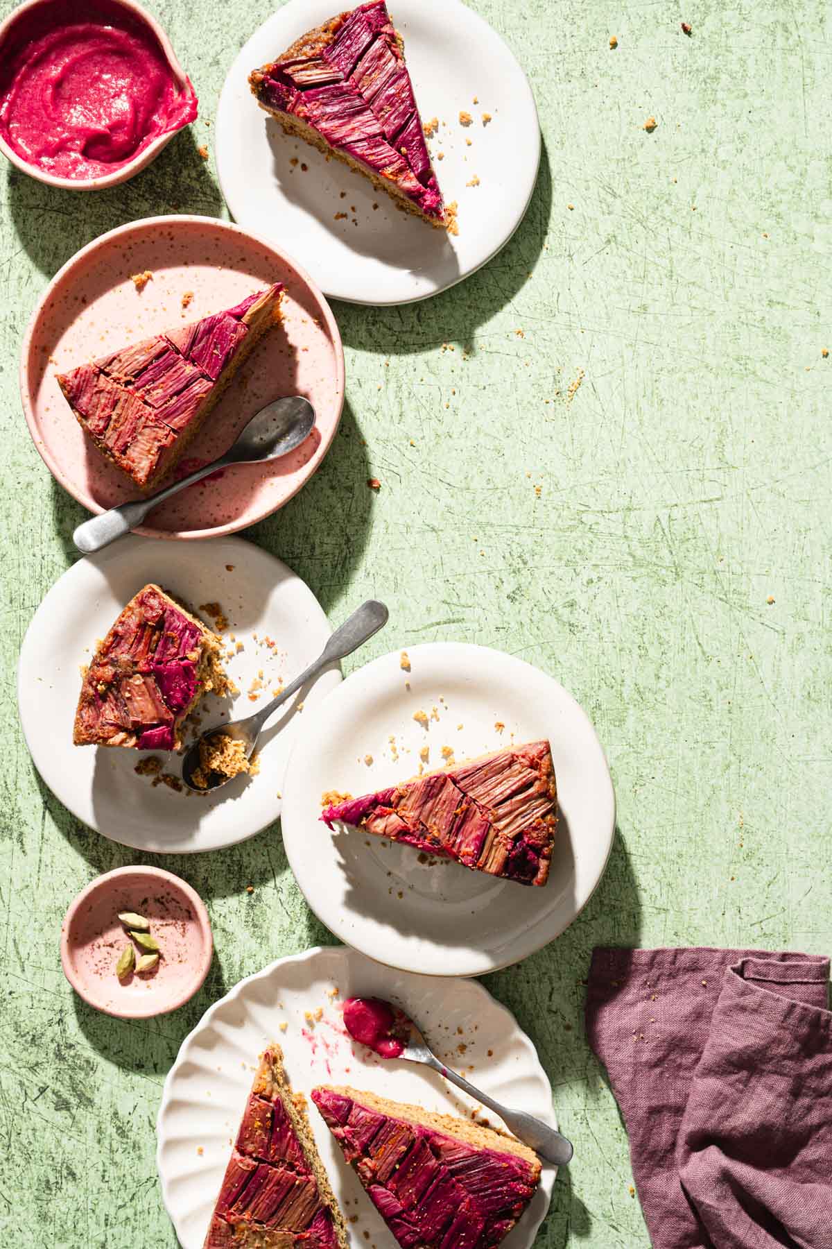 various plates with rhubarb cake
