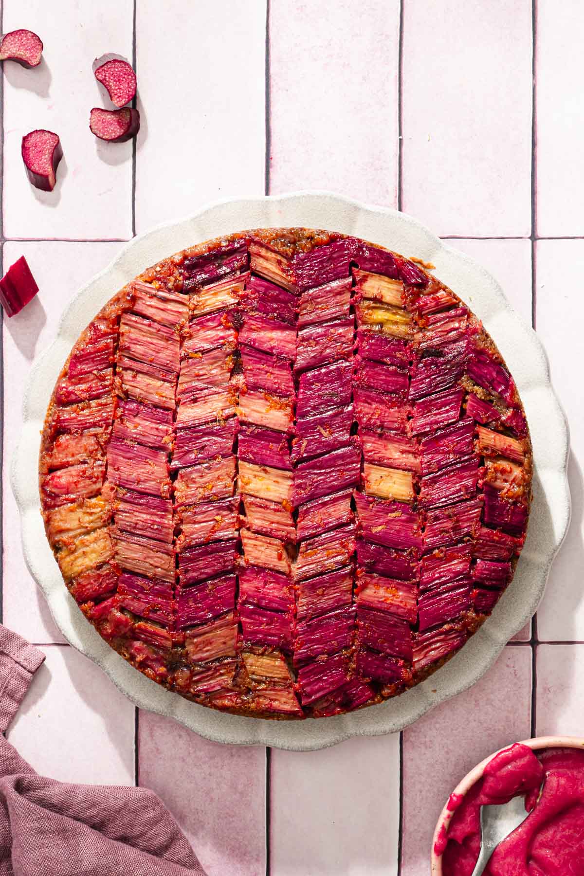 baked rhubarb cake on a plate