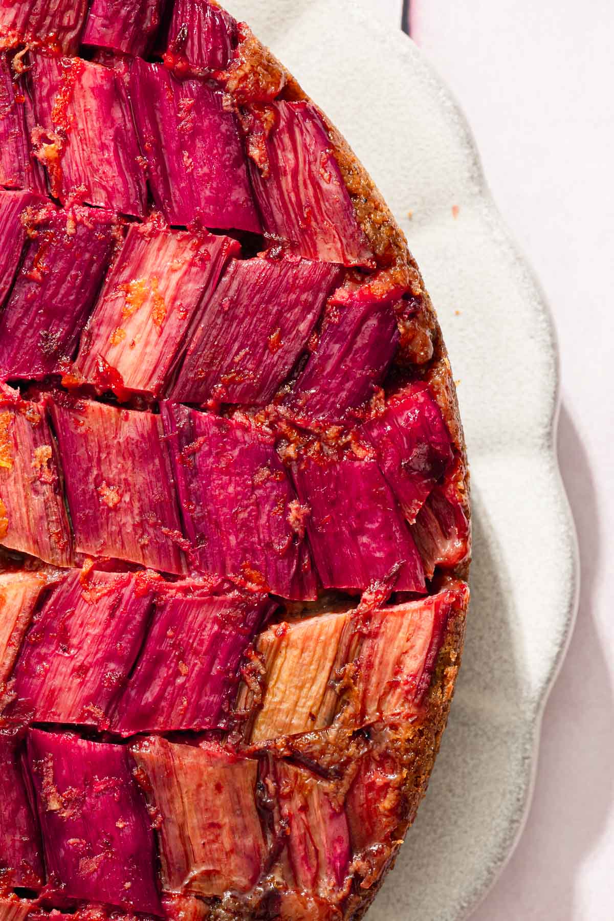 close up of a baked rhubarb cake