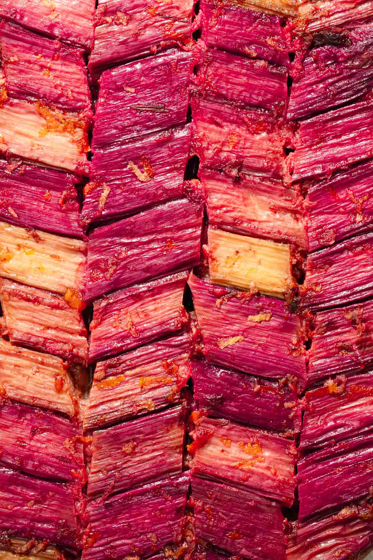 close up of the rhubarb pattern on baked cake