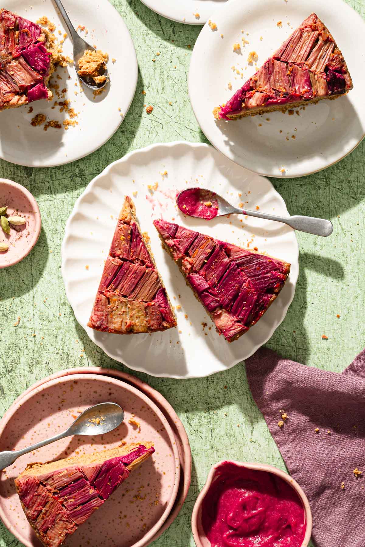 various plates with rhubarb cake