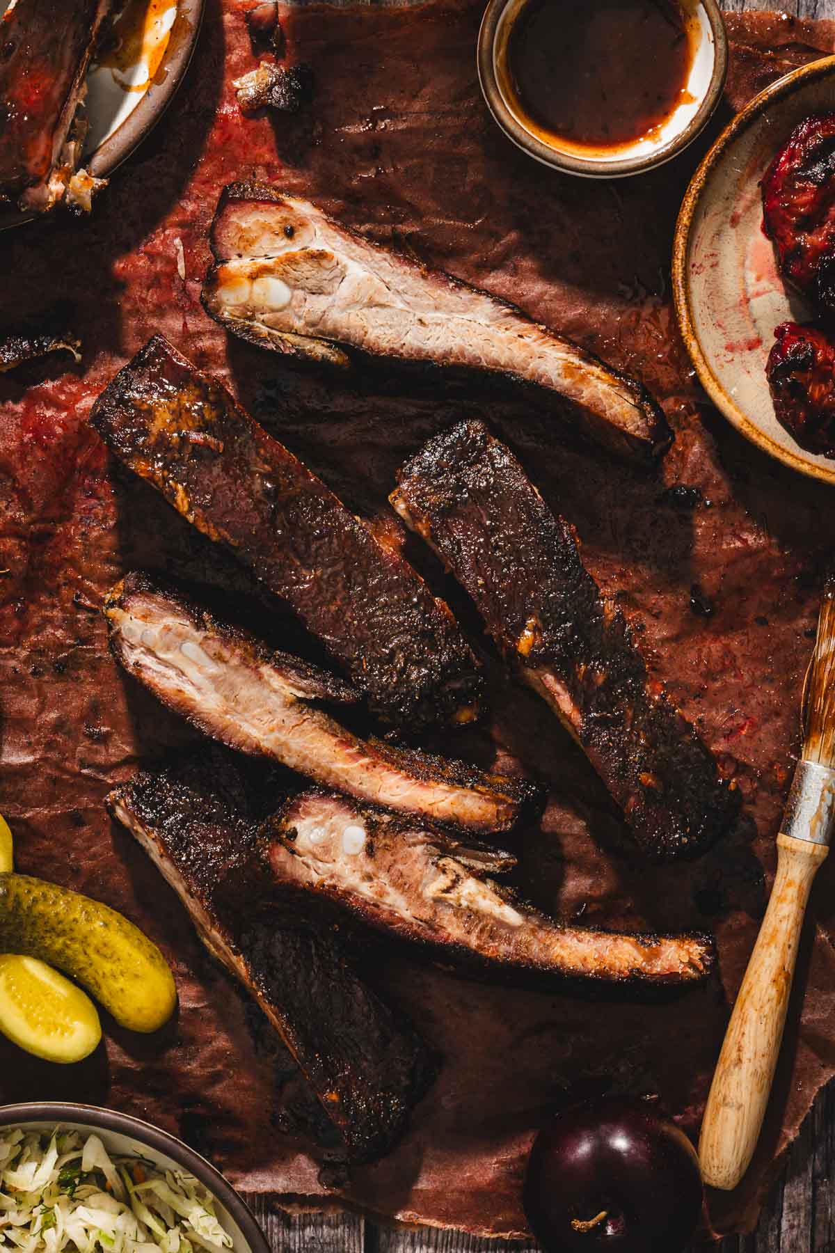 close up of smoked, cut up ribs