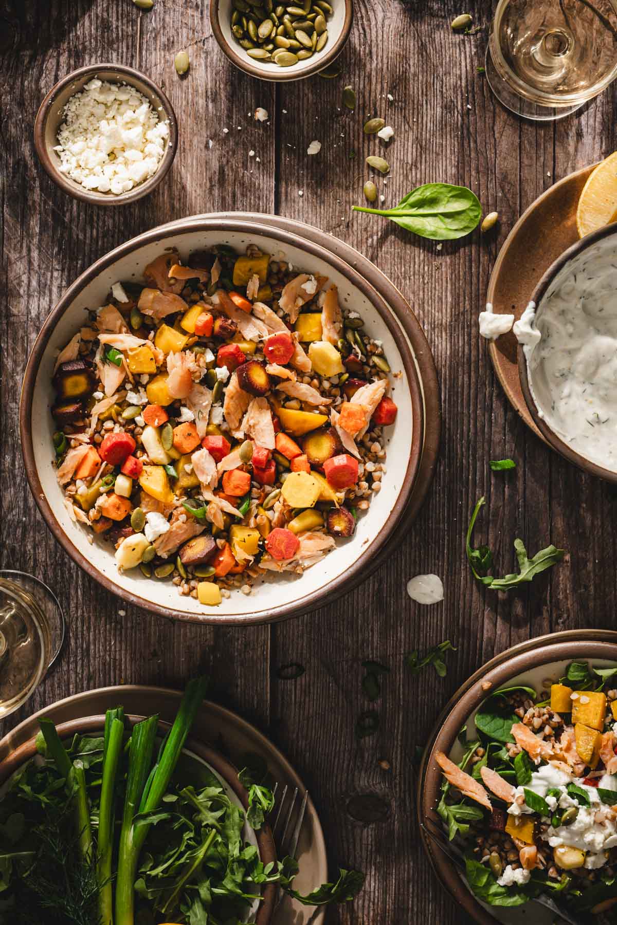 large serving bowl with the salmon salad