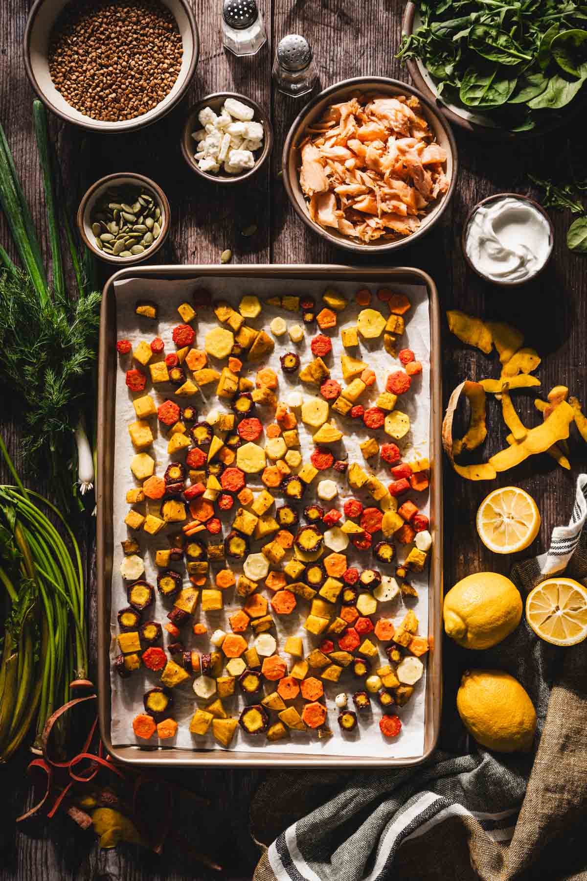baking sheet with the roasted veggies