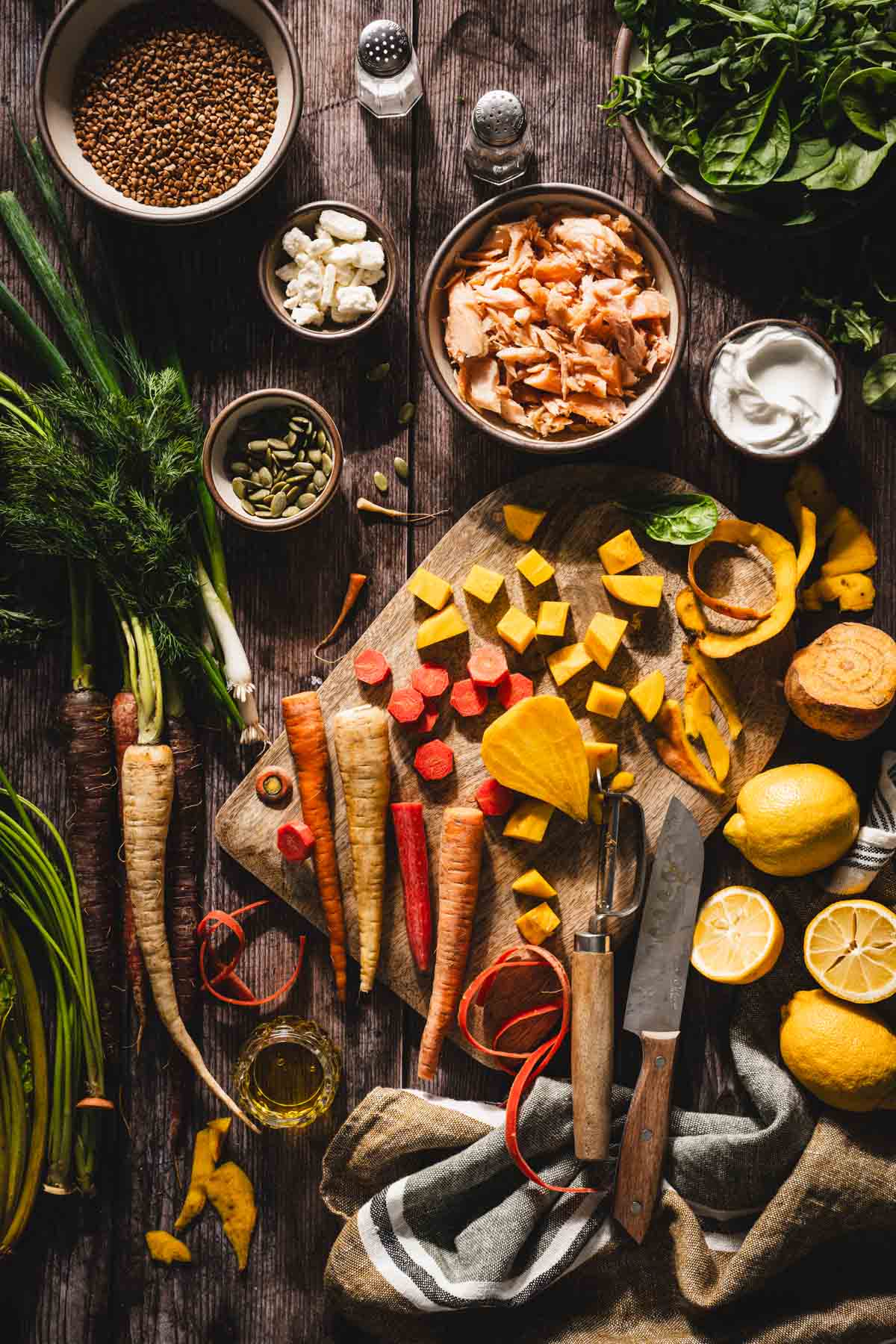 peeled veggies on a cutting board, other ing around