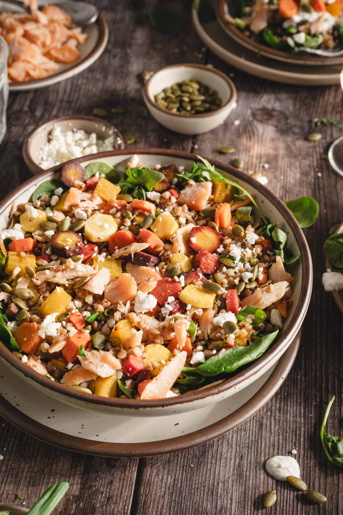 side view of a bowl with the salad