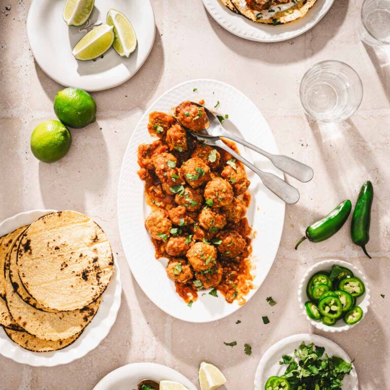 salsa meatballs on a serving platter