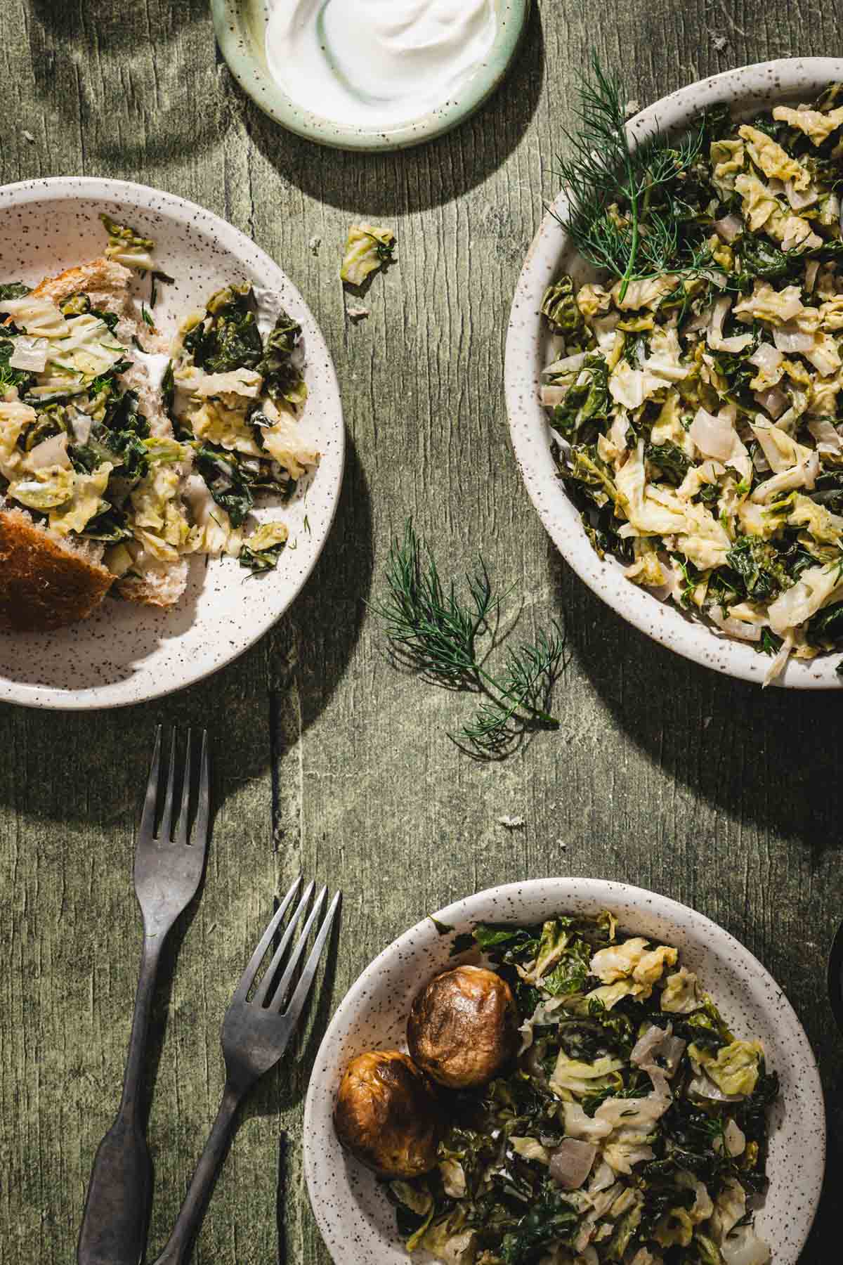 various bowls with savory cabbage