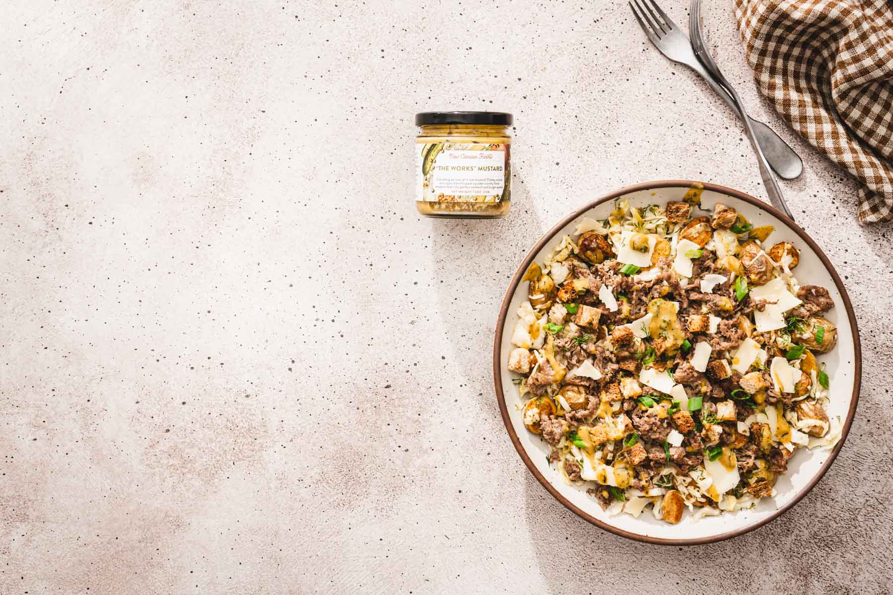 horizontal photo, made salad, jar with mustard