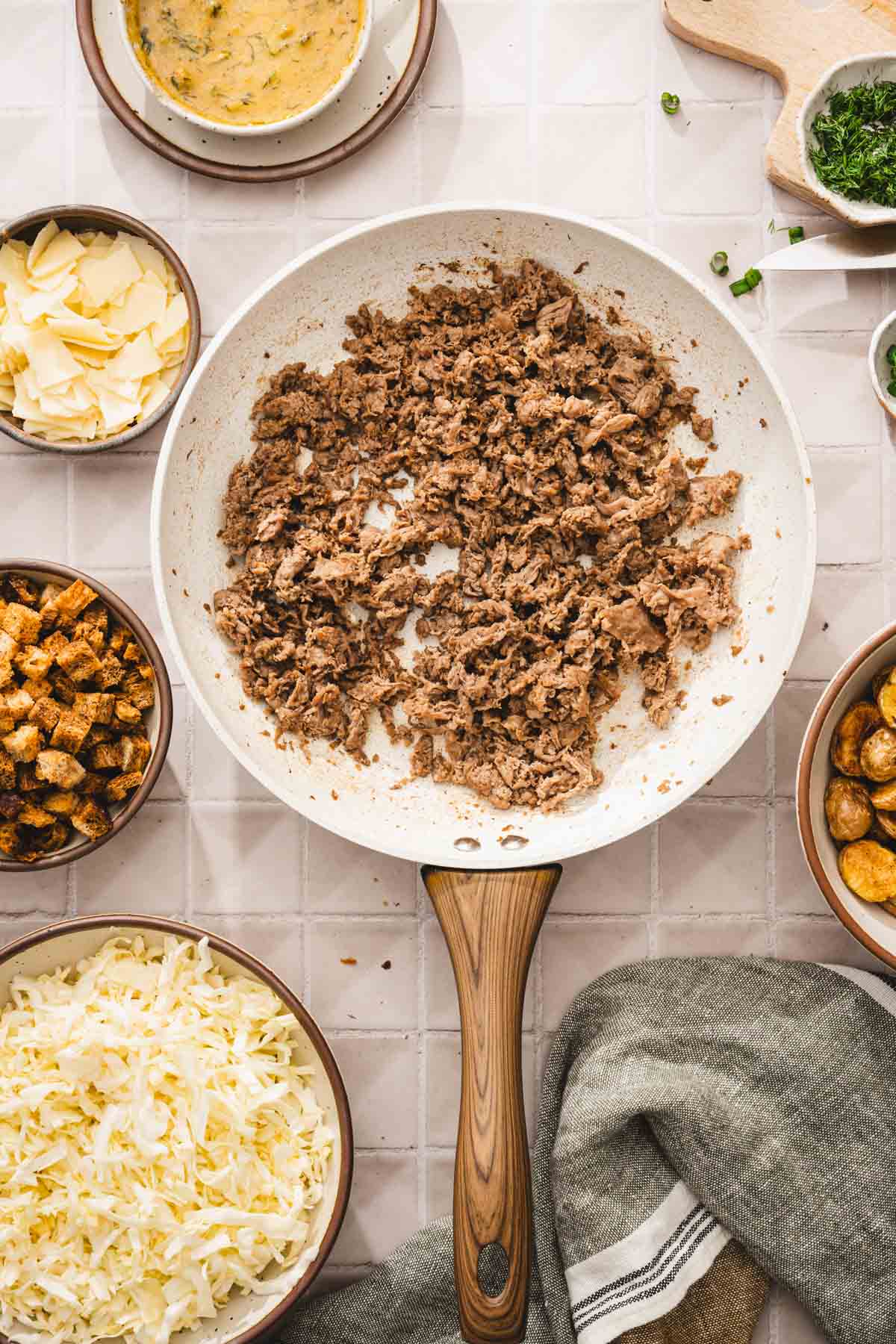 skillet with cooked beef