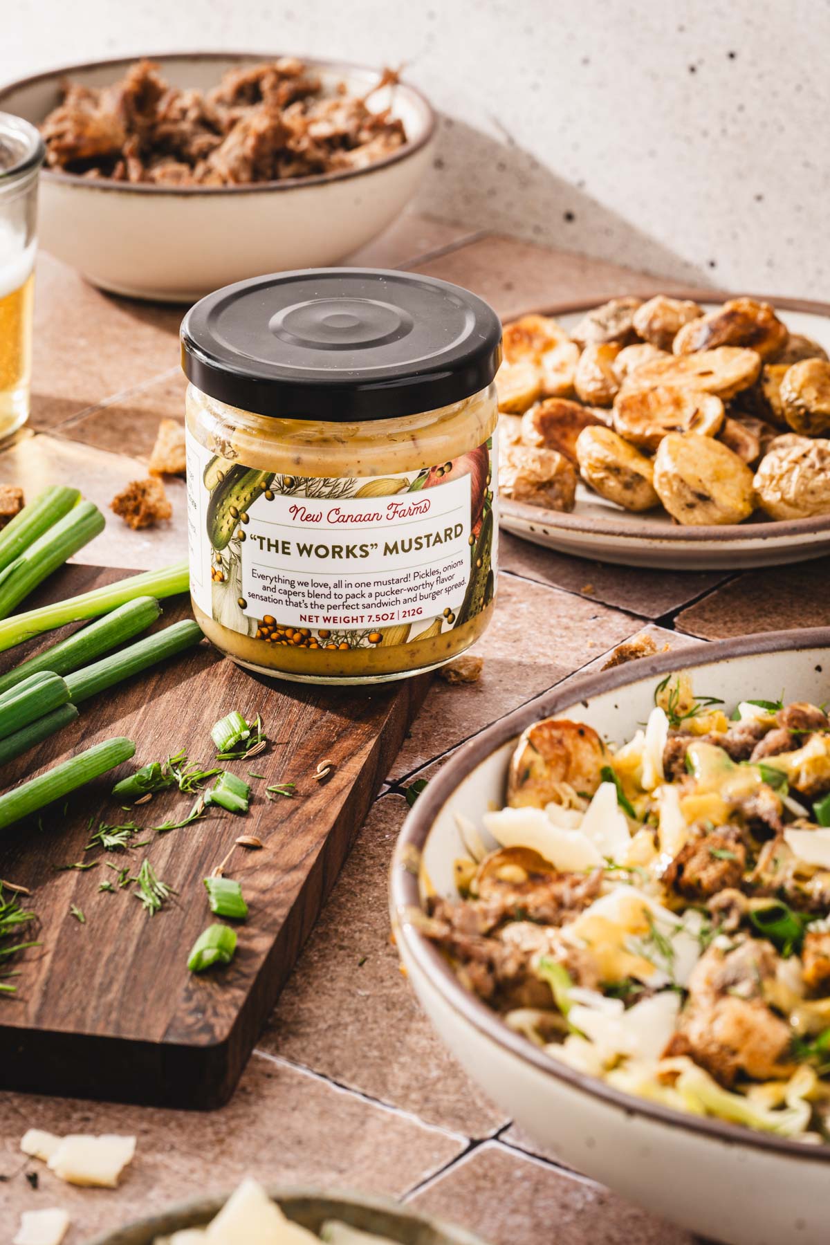 jar with the mustard, bowl with the salad