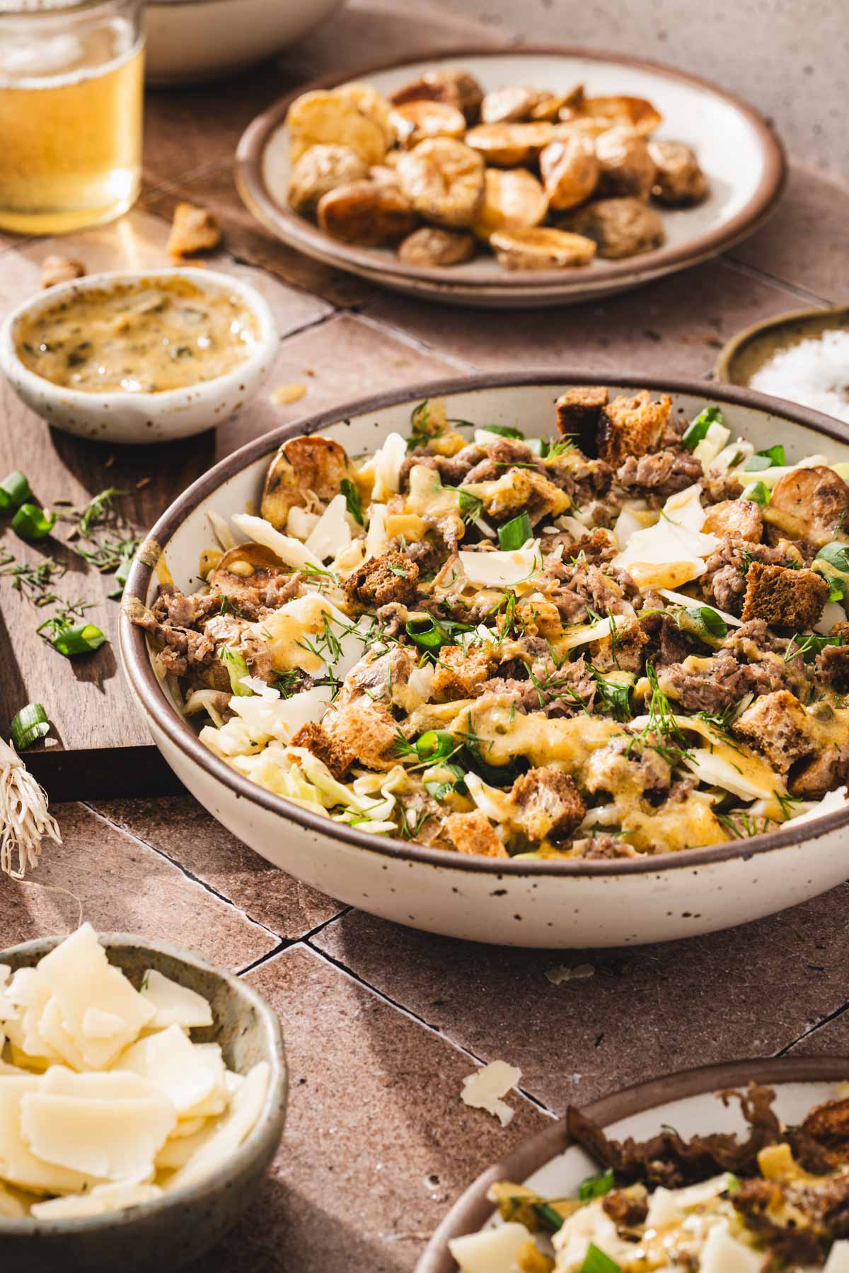 side view of a bowl with the salad