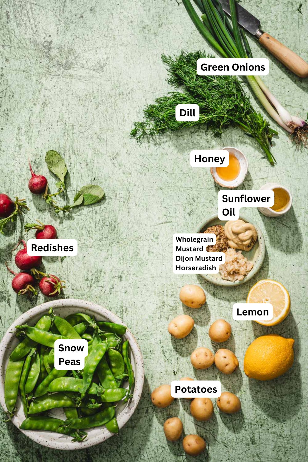 ingredients to make snow pea salad with anme tags
