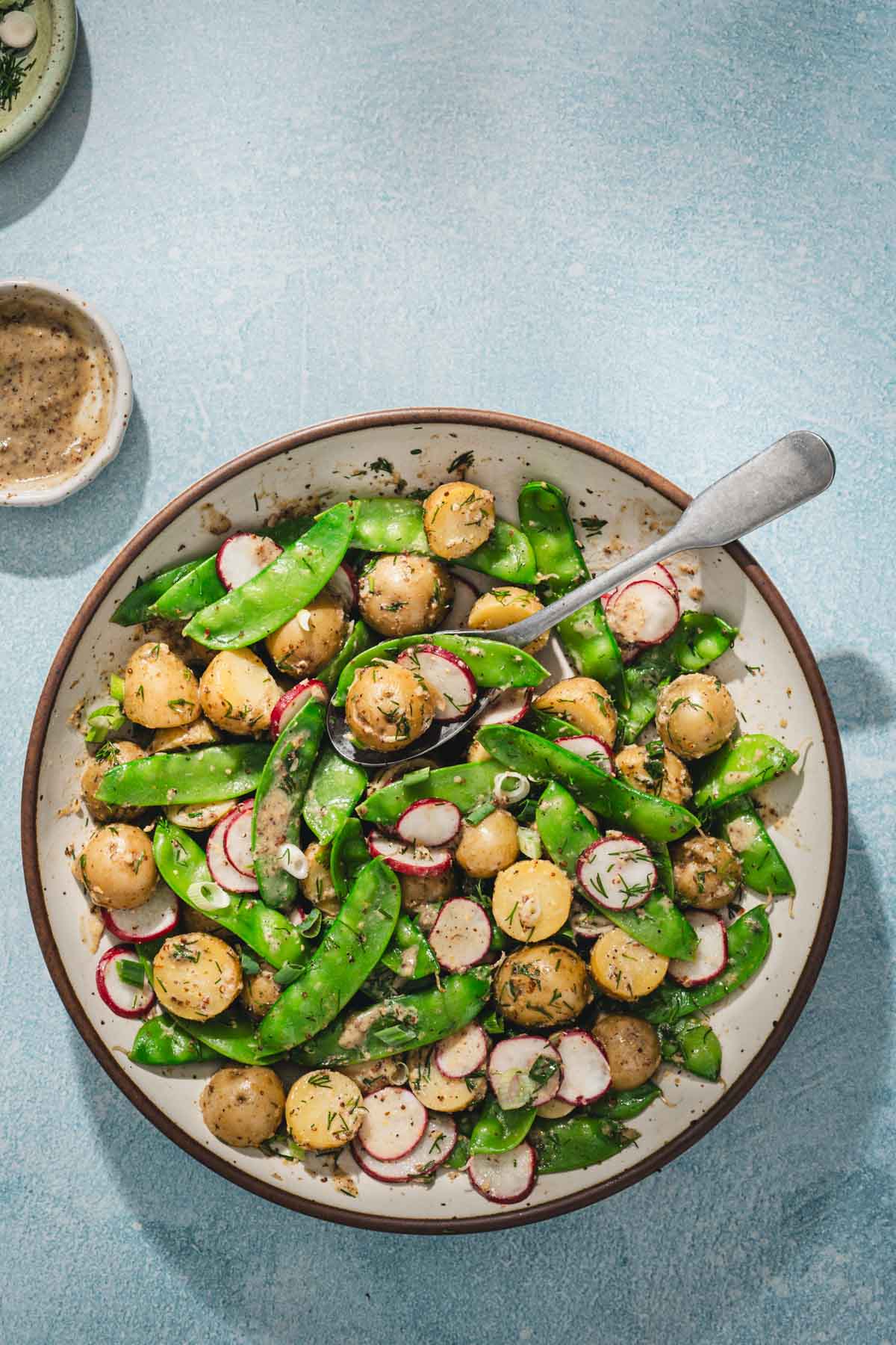 serving bowl with snow pea salad