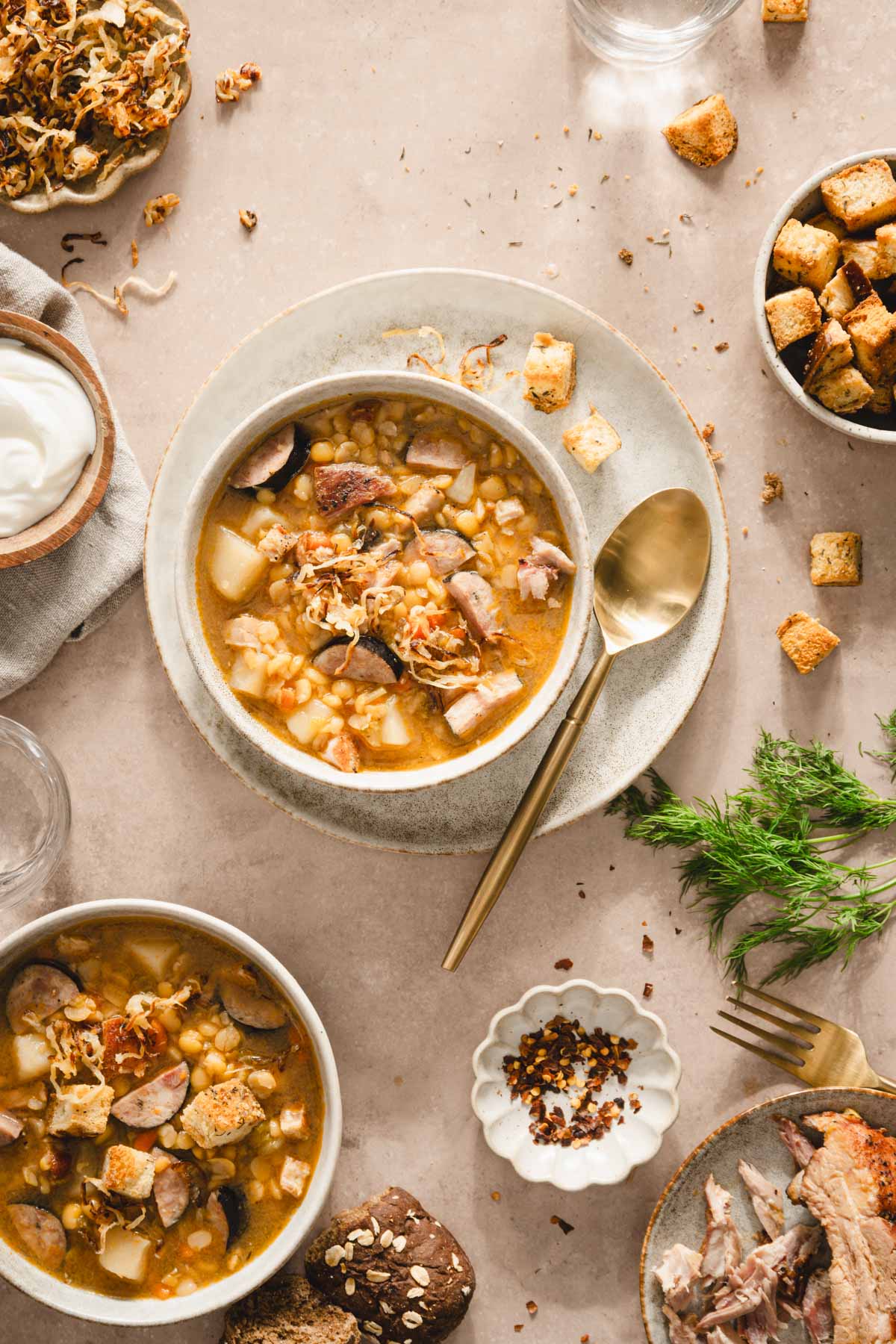 split pea soup in a serving bowls