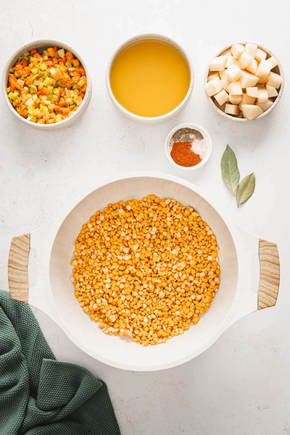 pan with split peas, other ingredients in small dished