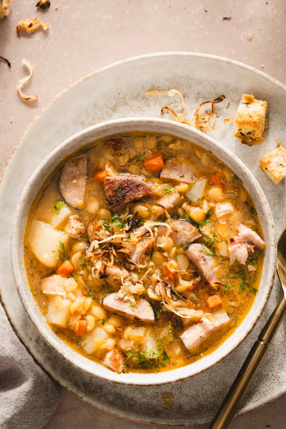 split pea soup in a serving bowl, close up