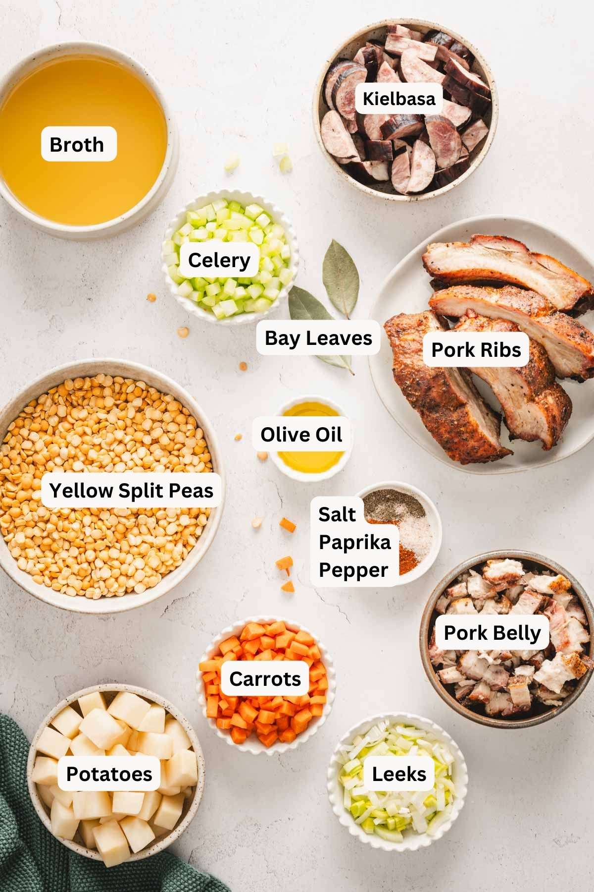 split pea soup ingredients with name tags