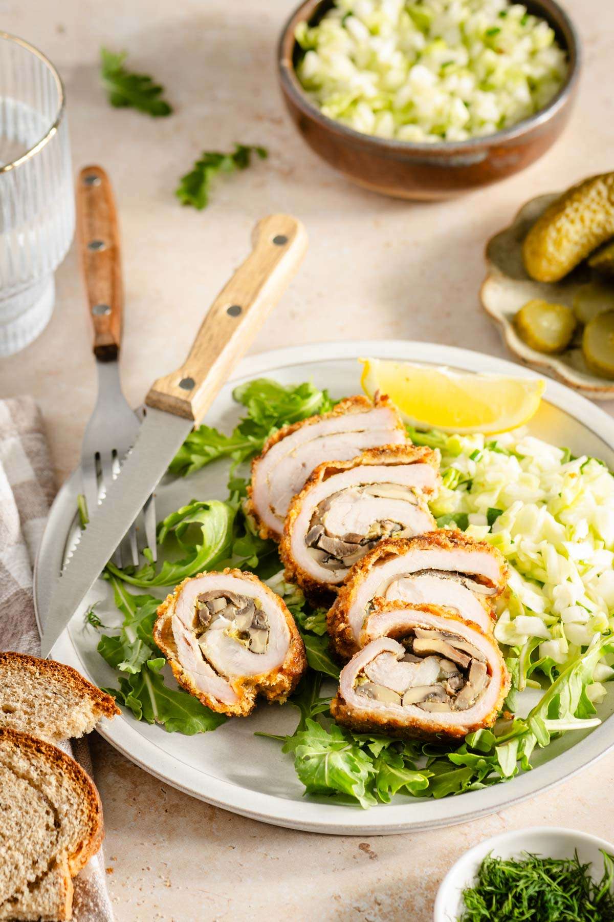 close up of cut stuffed pork chop