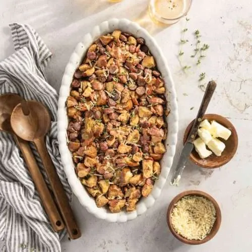 cooked stuffing in an oval baking dish