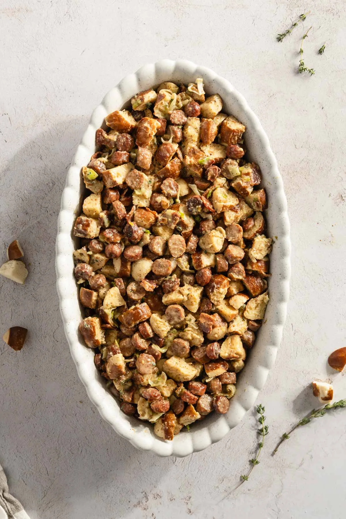 mixed stuffing on an oval baking dish