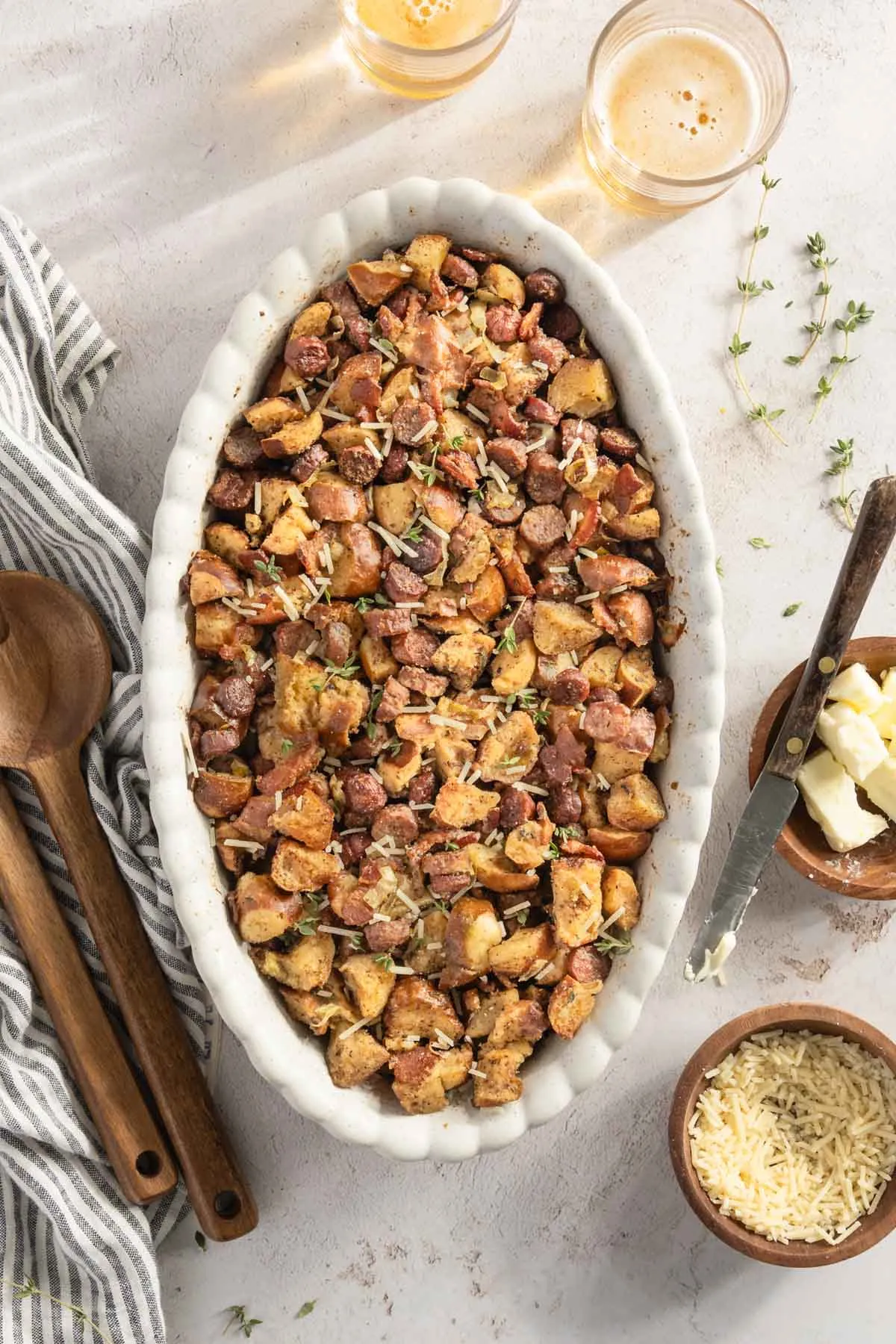 cooked stuffing in an oval baking dish
