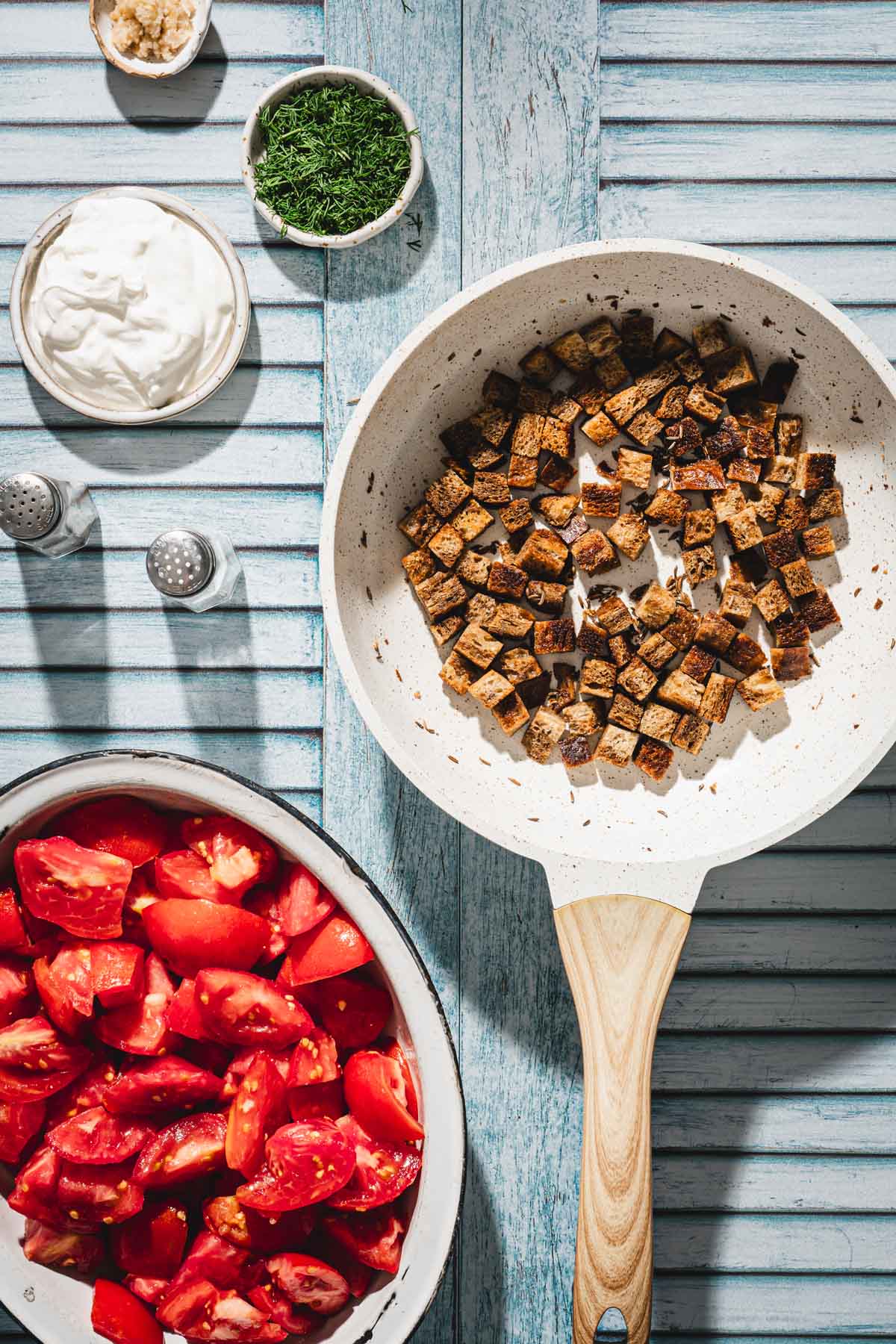 crutons in a skillet