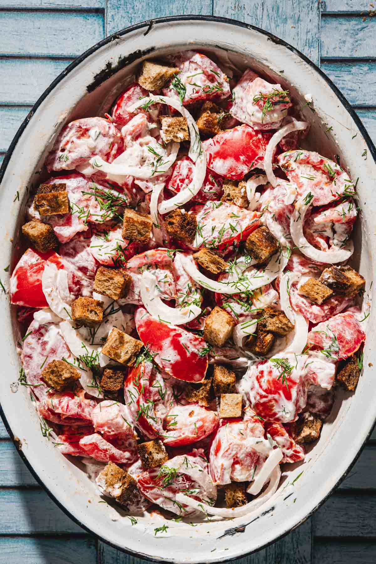 tomato salad in a serving dish, close up