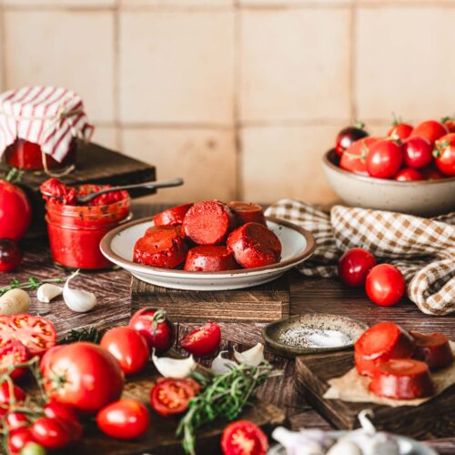tomato paste cubes on a plate, fresh tomatoes, other ing around