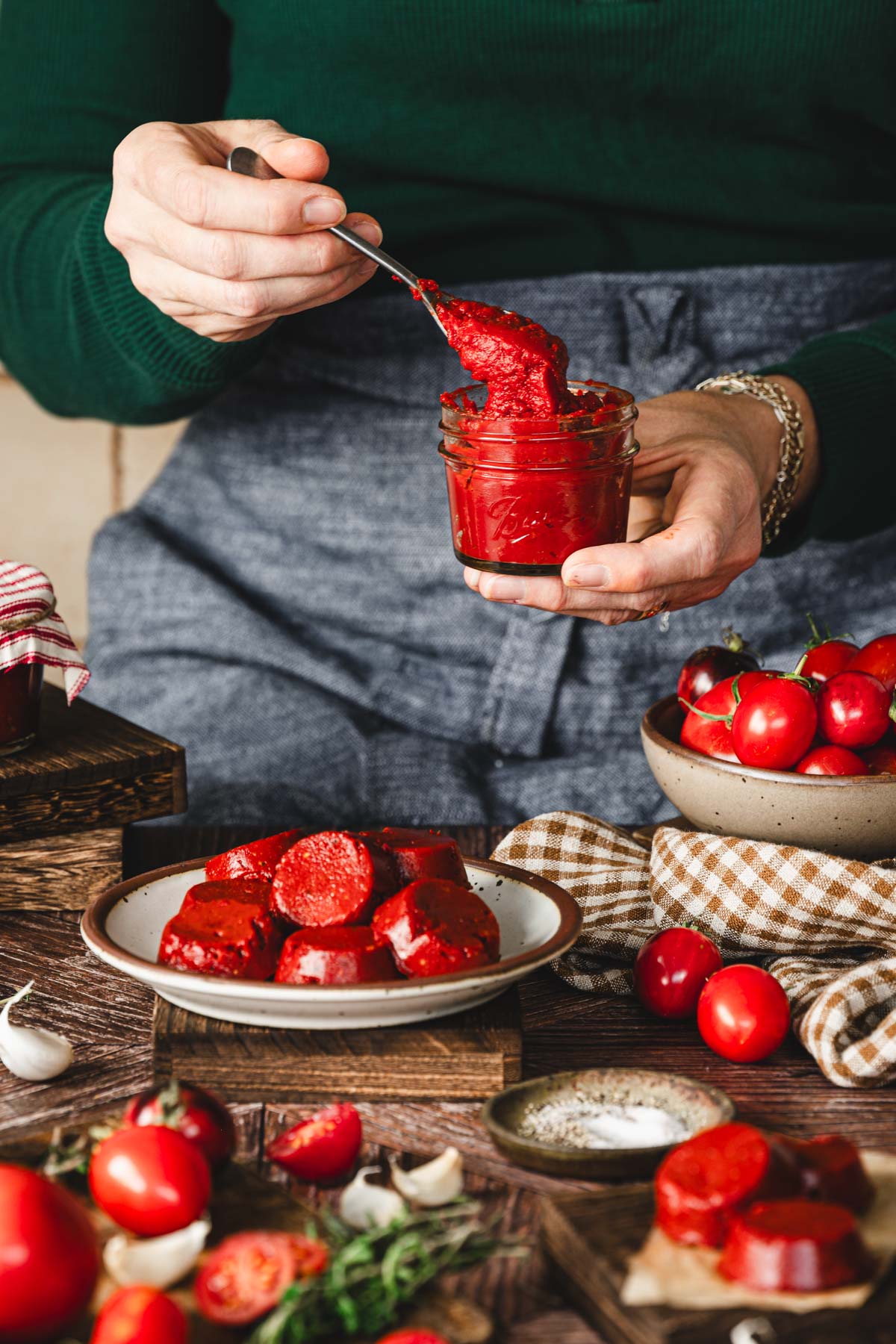hands in frame holding spoon with tomato paste, close up