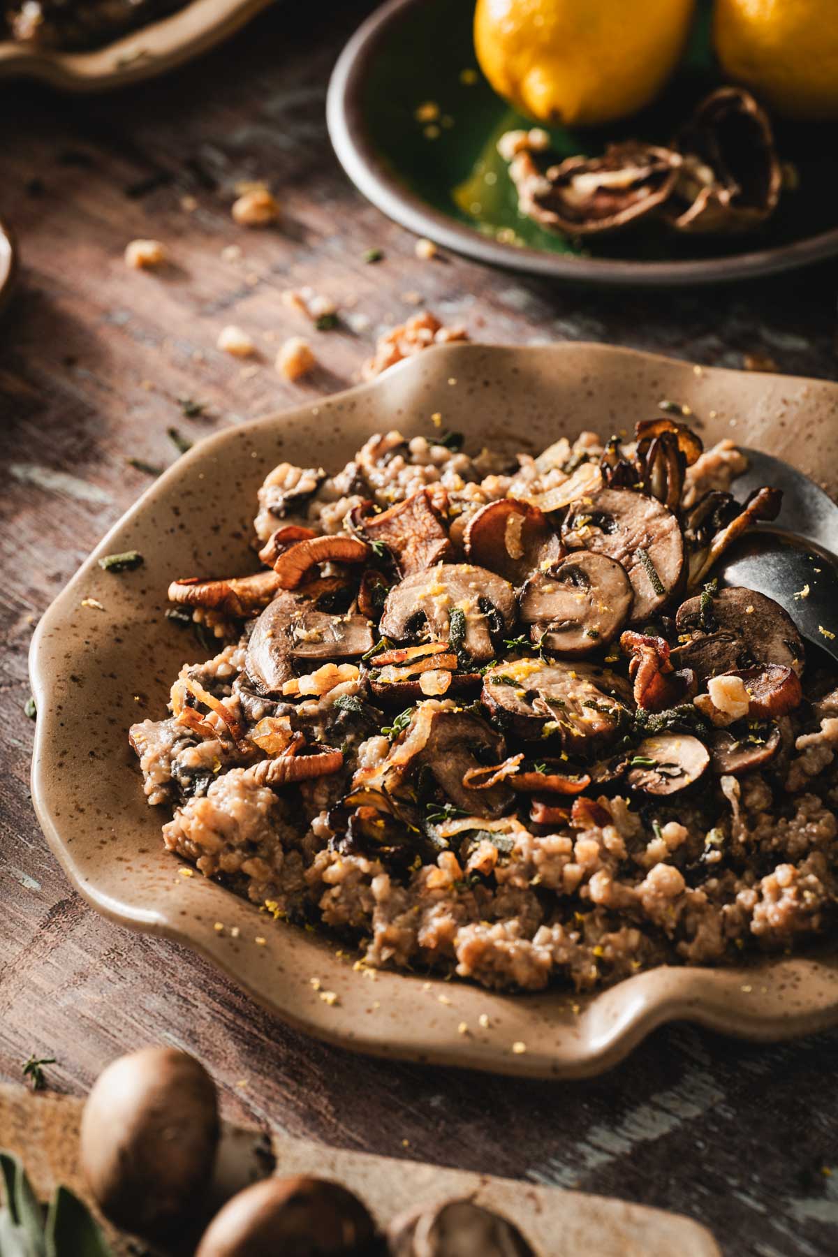 plates with risotto, one with lemons