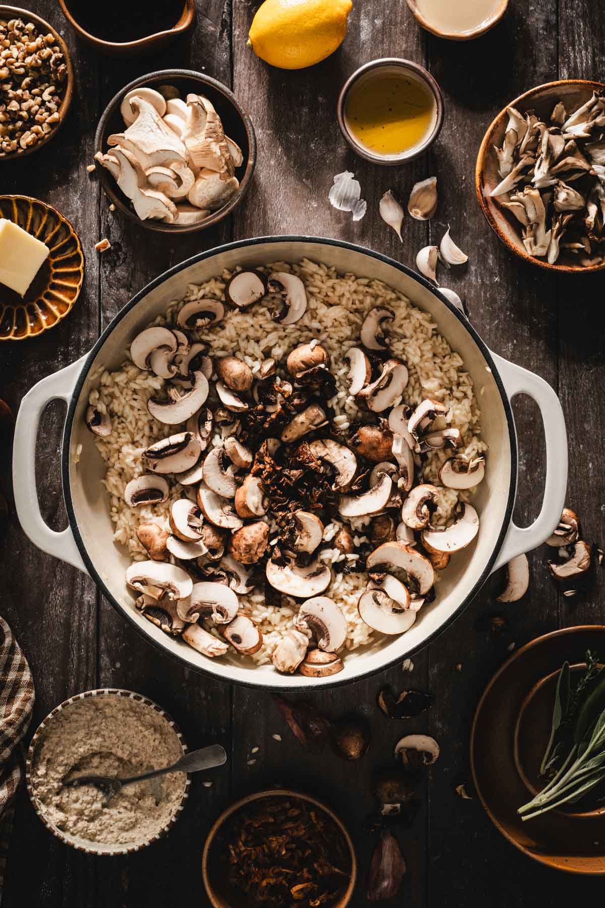rice and mushrooms added to large pot
