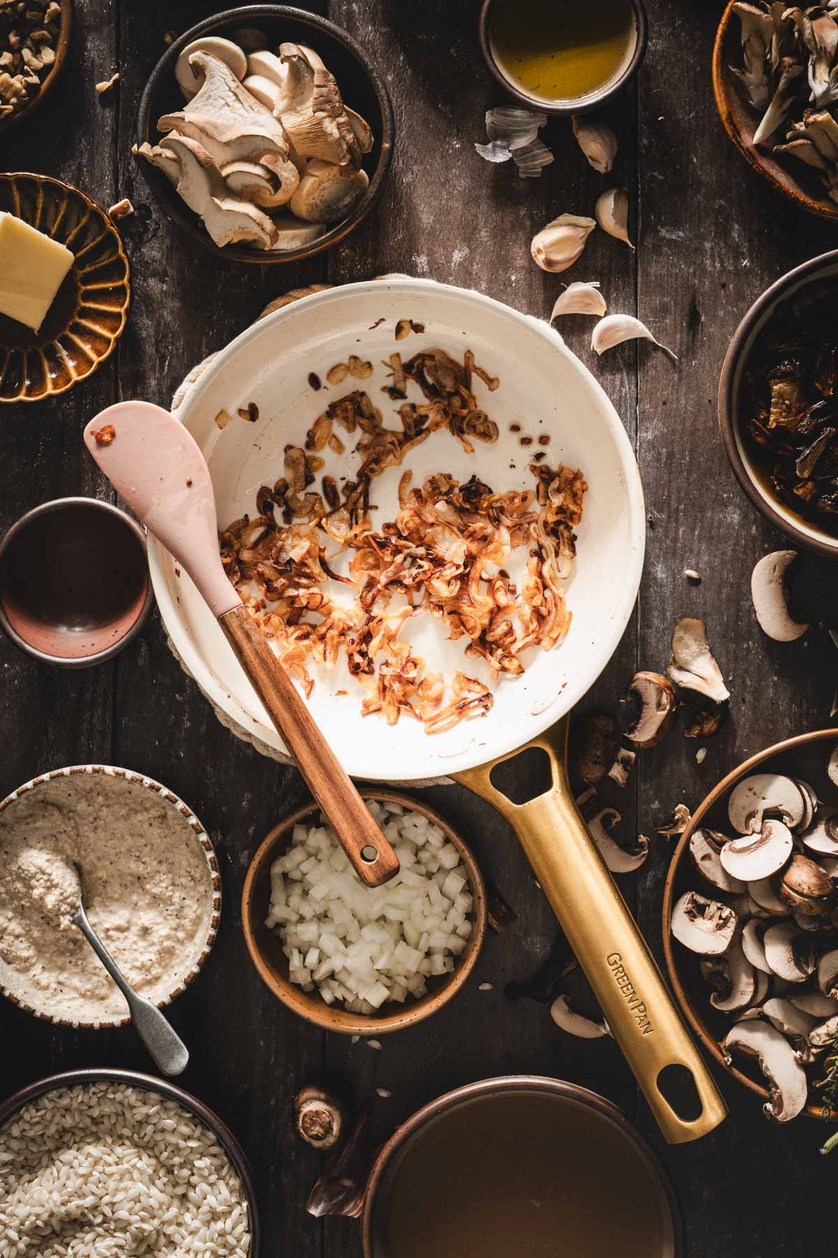 skillet with browned shallots