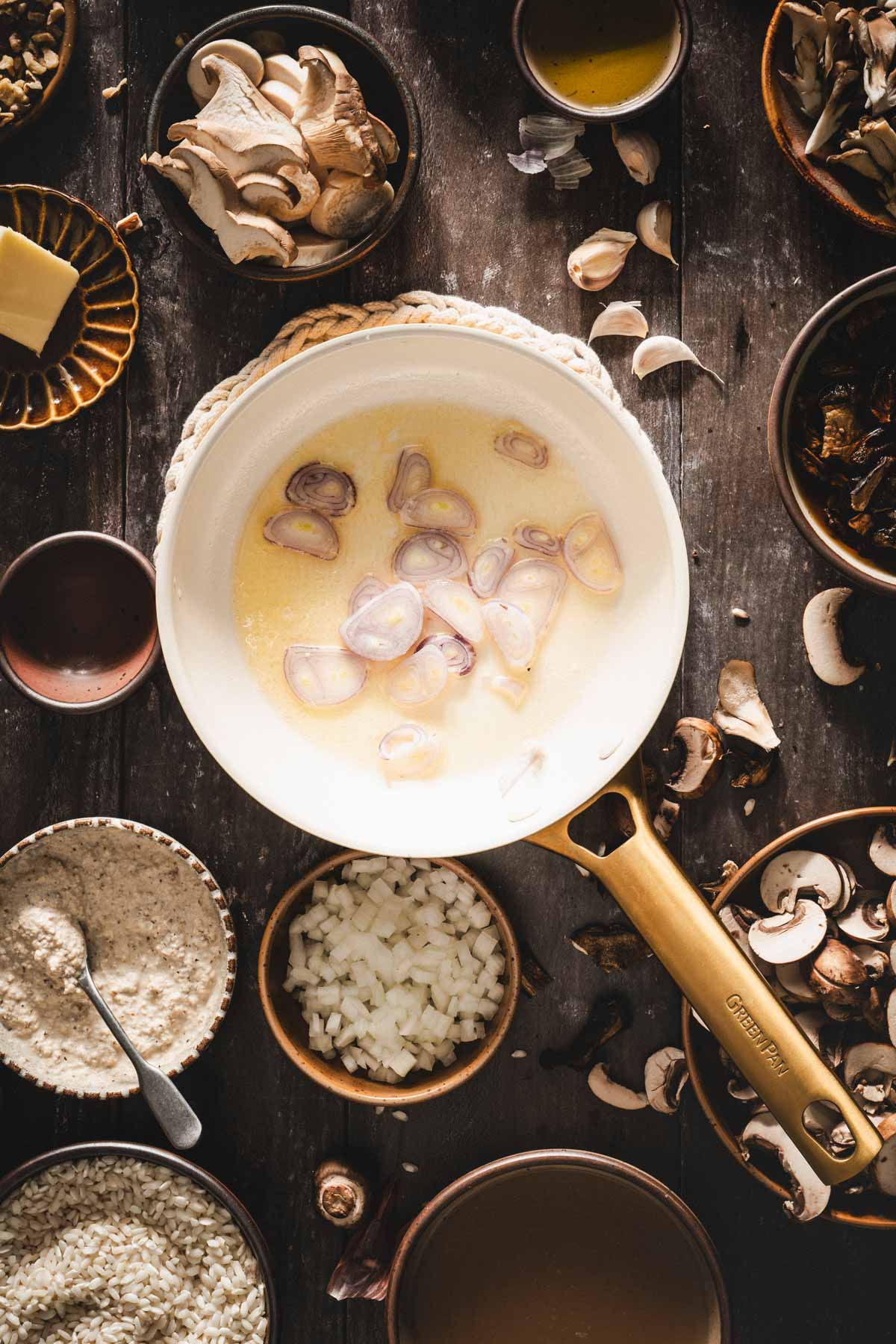 skillet with sliced shallots