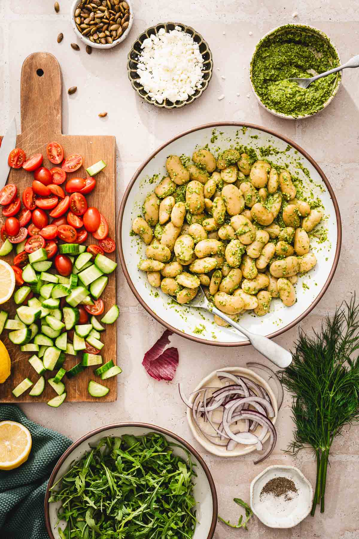 dill pesto added to the beans