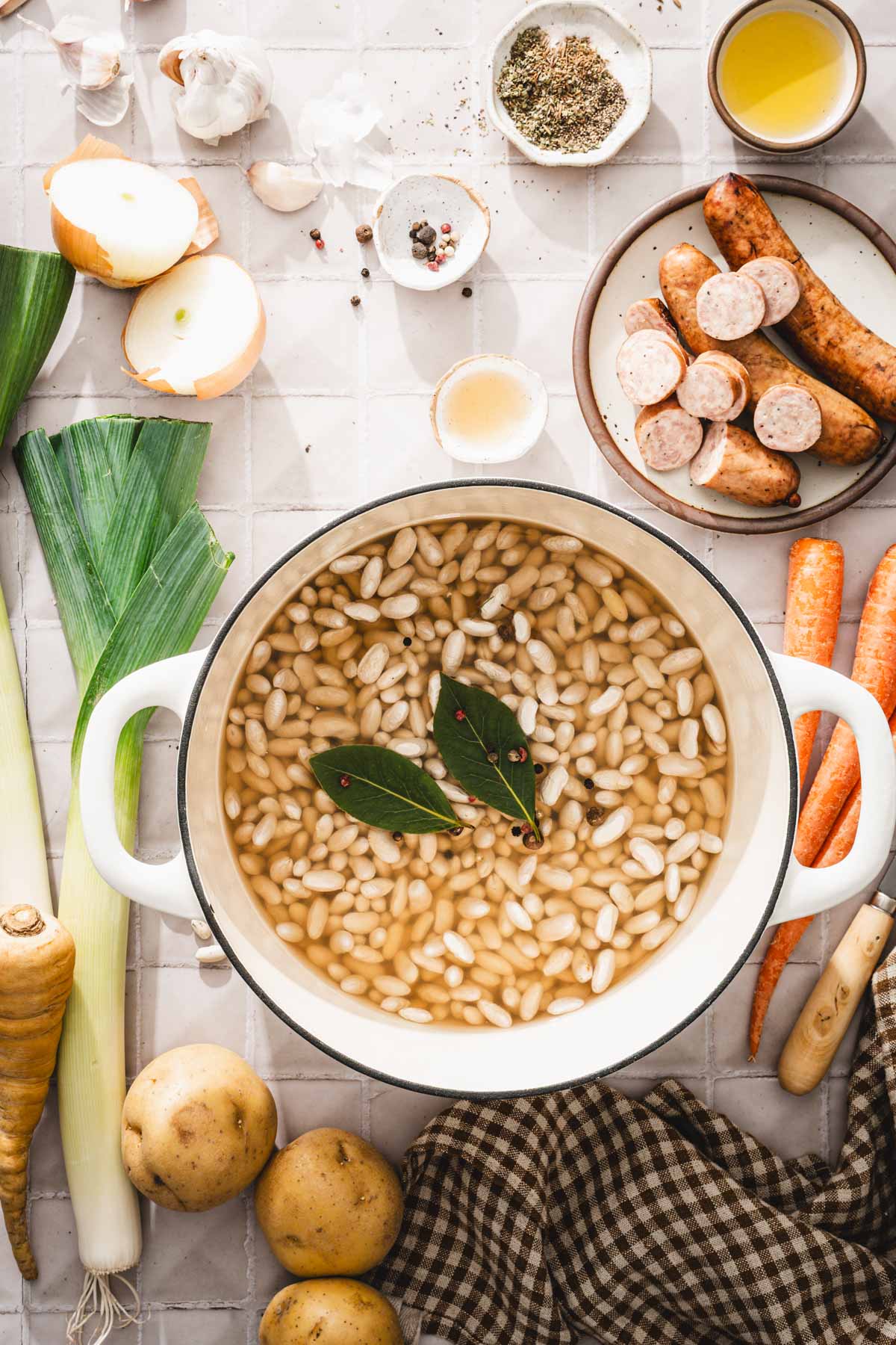 beans added to a large soup pot