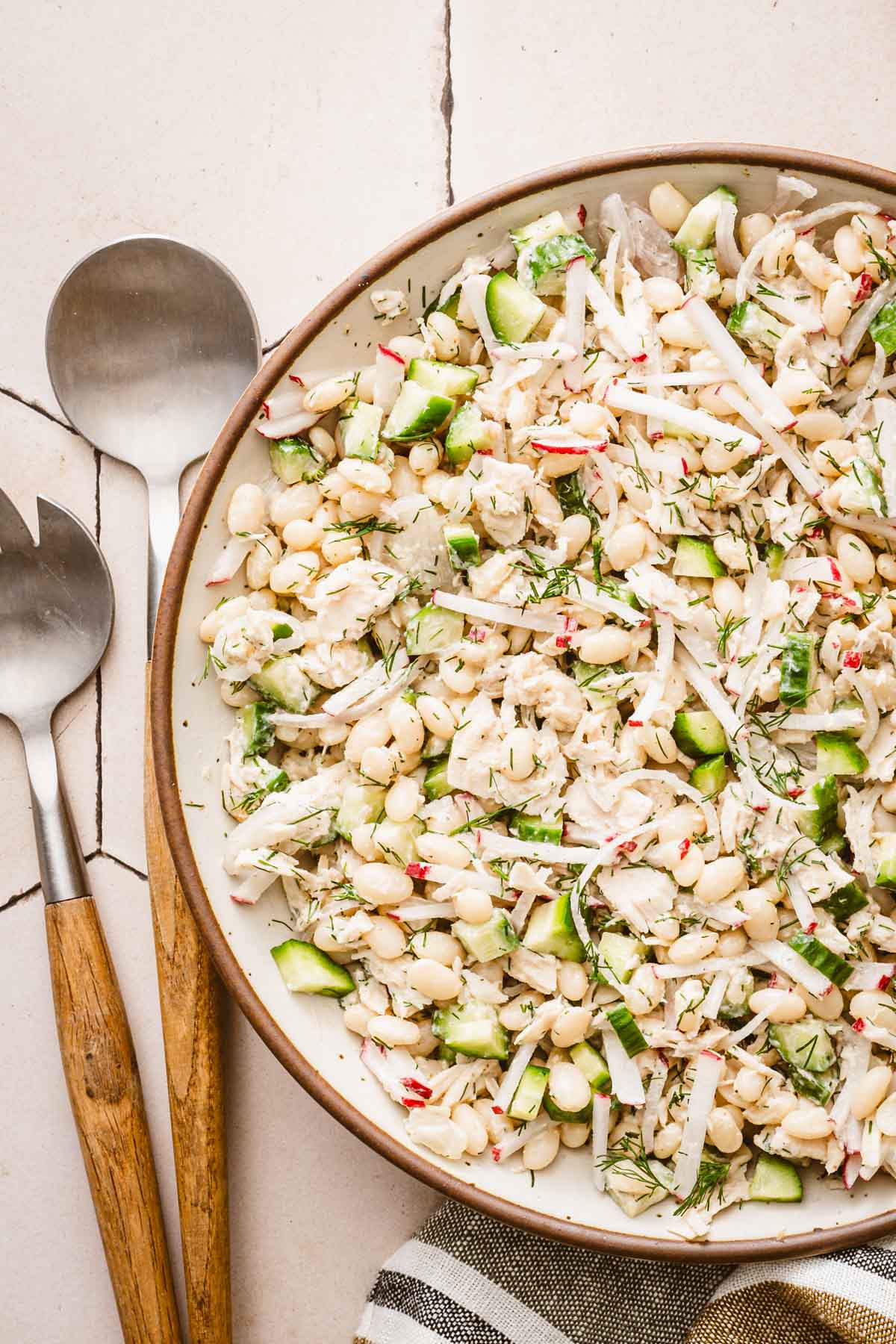 close up of the serving bowl with the salad