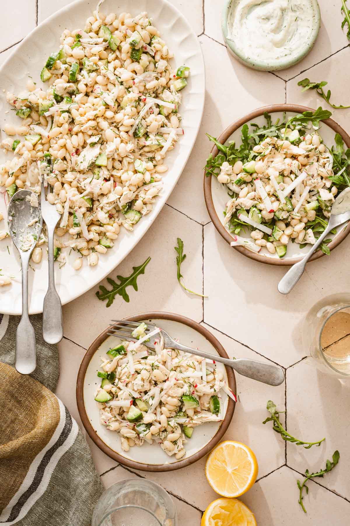 oval plate with the bean tuna salad