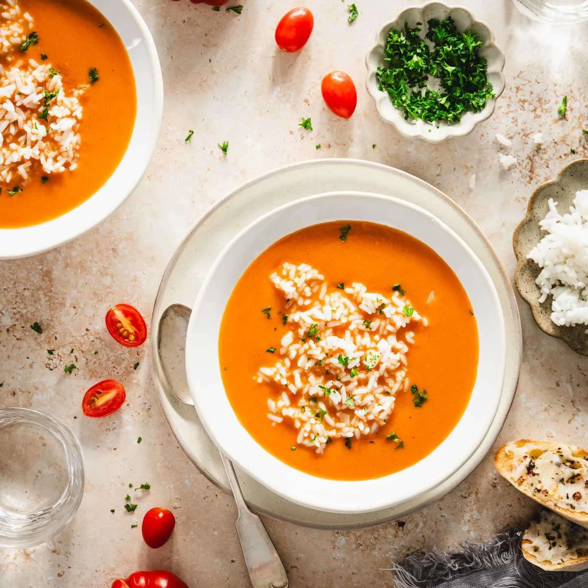 bowls with zupa pomidorowa, plate with rice, dish with parsley, cheesy toast