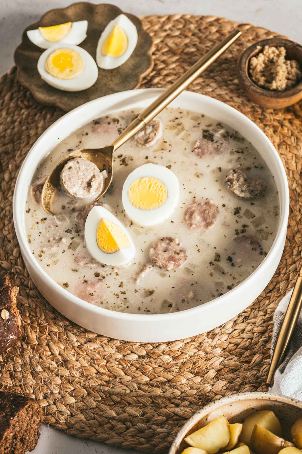 Zurek Soup in a serving bowl with hard boiled egg, piece of bread, small dish with horseradish, spoon, fork, cut up egg on a small plate