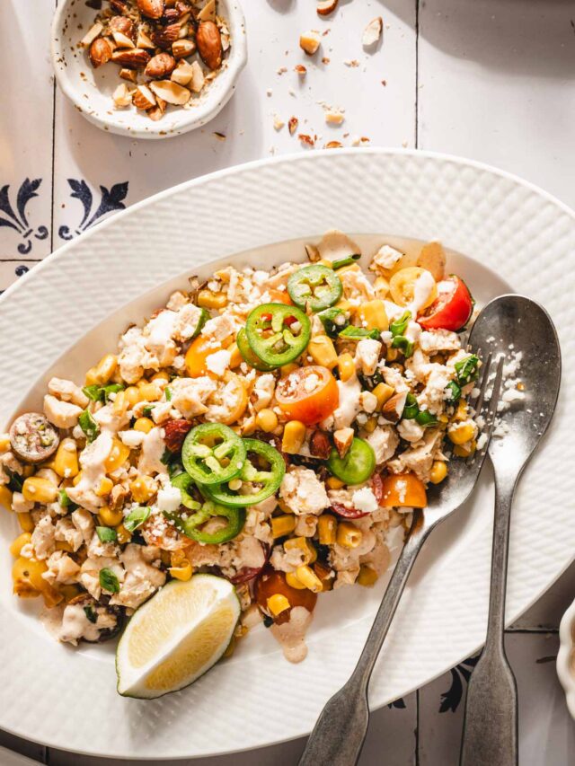 salad on a platter, dish with almonds