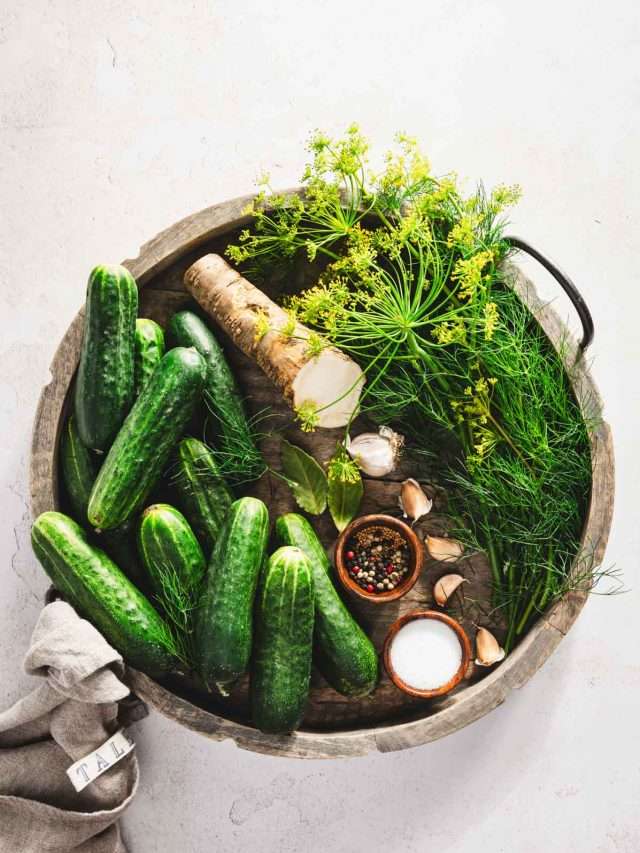 ingredients to make half sour pickles arranged on a wooden tray