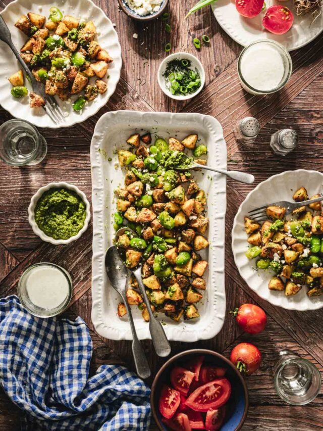 fava bean potato salad on a serving platter