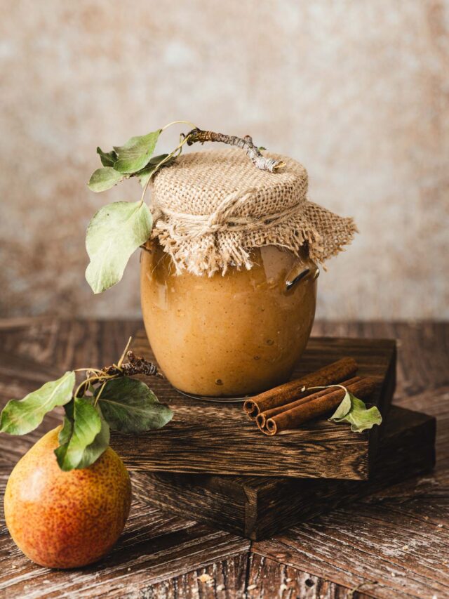close up of a jar with pear butter