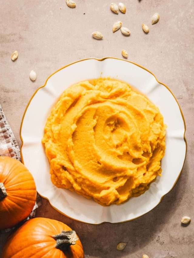 pumpkin puree on a plate, two pumpkins, spoon