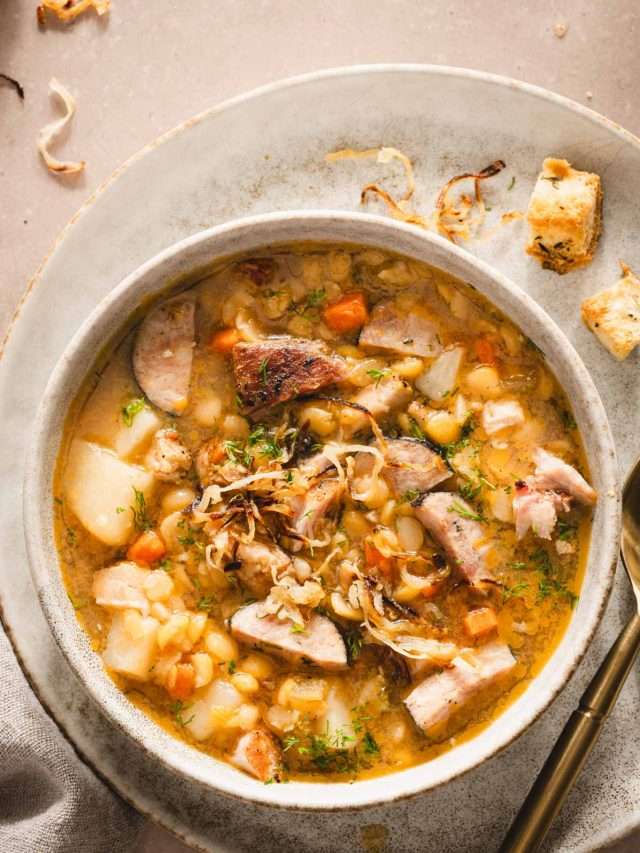 split pea soup in a serving bowl, close up