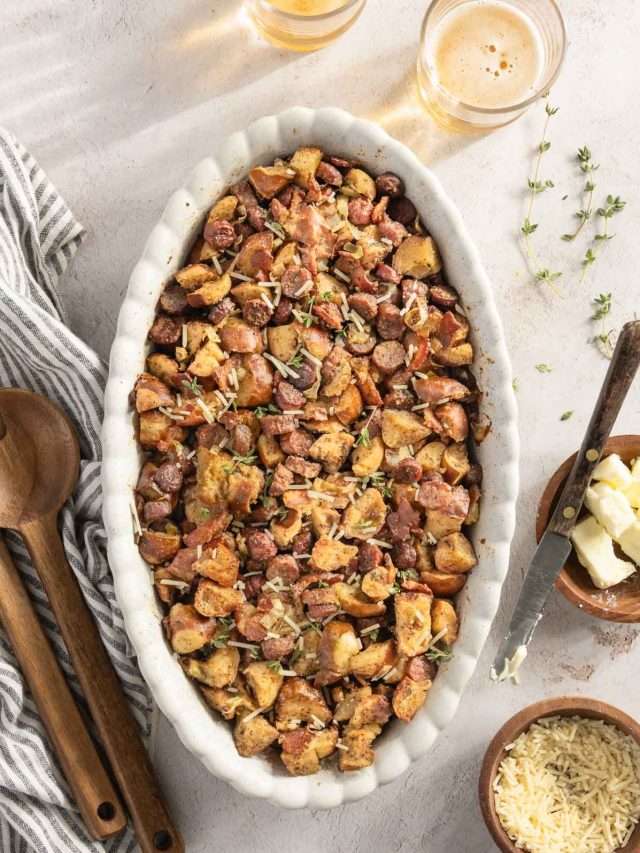 cooked stuffing in an oval baking dish